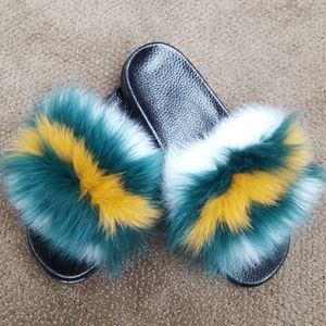 White, Green, and Gold Fox Fur Sandals